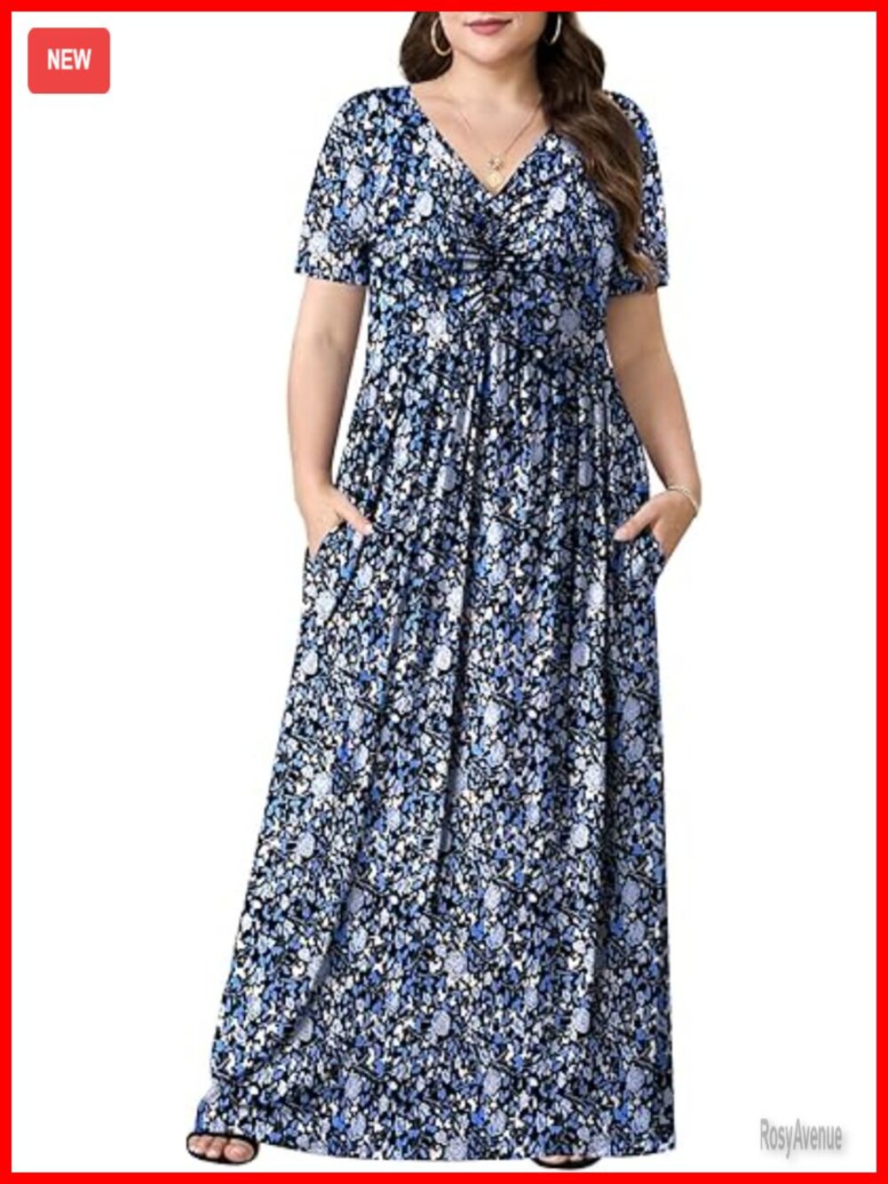 Plus Size Maxi Dress with Pockets V-Neck Short Sleeve Casual Summer Long Dress